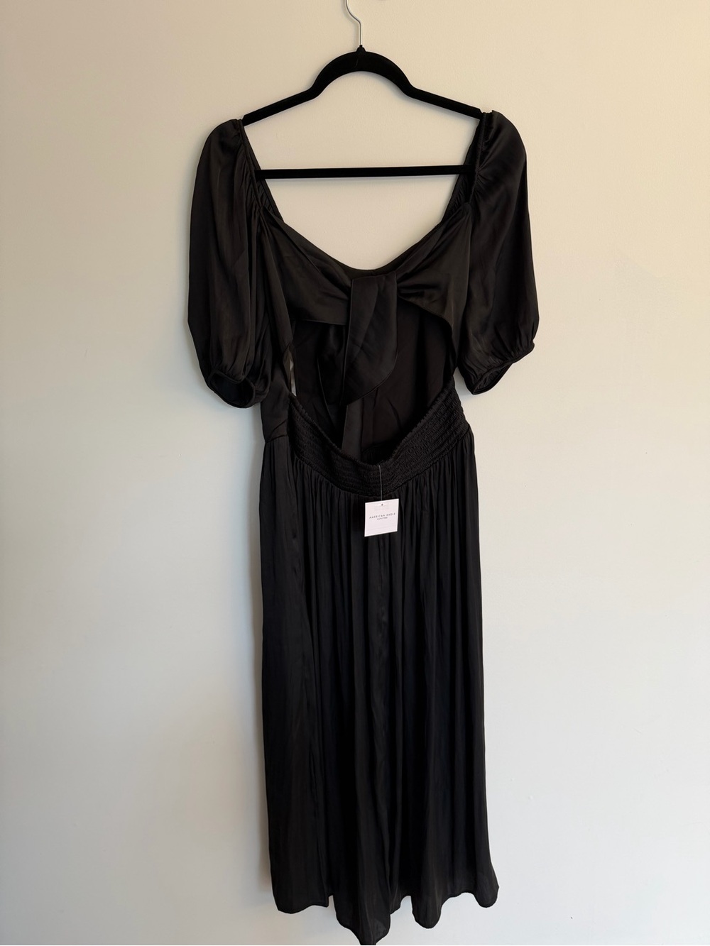 American Eagle Black Puff Sleeve Open Back Midi Dress NWT L - Picture 8 of 10